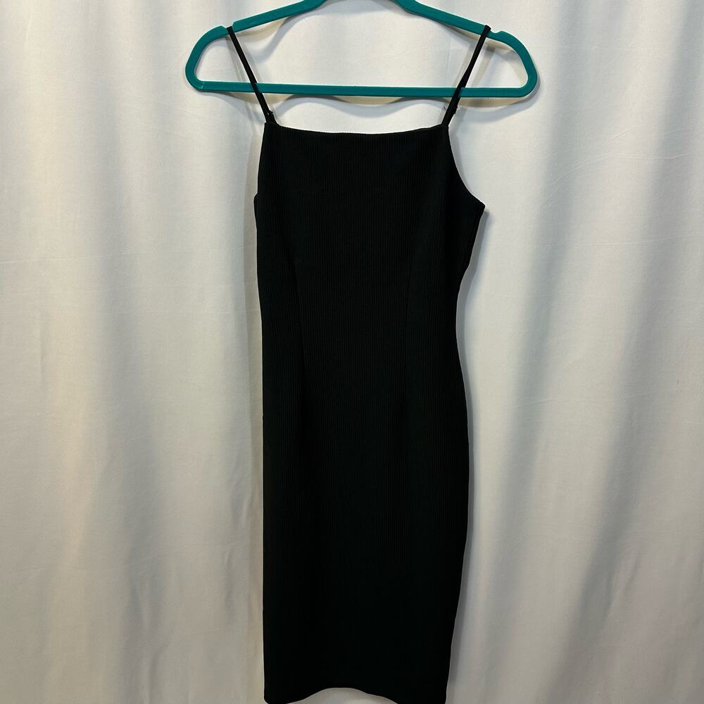 Open Edit Black Ribbed Square Neck Midi Dress Back Slit Adjustable Strap Dress S